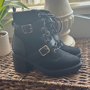 Shoe Dazzle Black Lace-Up Boots with Gold Accents
